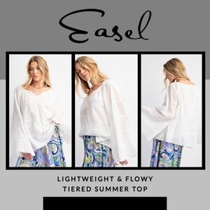 EASEL Lightweight & Flowy Cotton Lined Top Bell Sleeves Keyhole Neck Beaded Ties